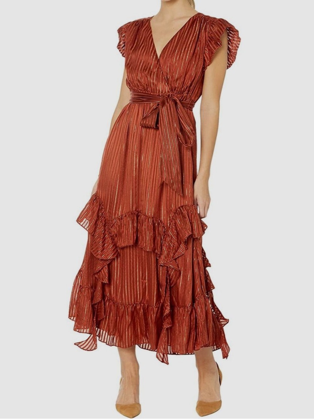 Marie Oliver Uma Metallic Ruffle-Trim Midi Dress size XS